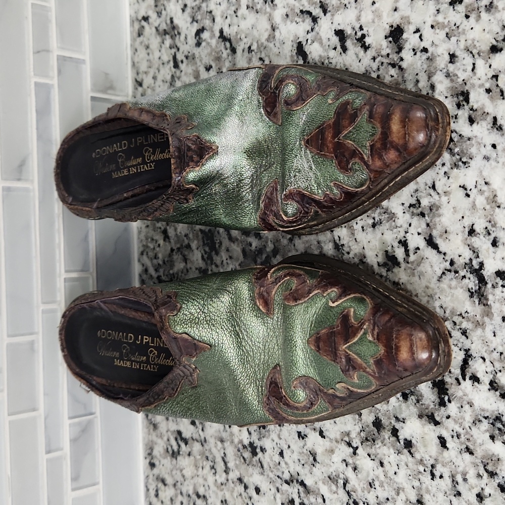 Vintage Green & Brown Donald J Pliner Leather Slip-On Heels sz 7.5 M made Italy - Picture 2 of 7